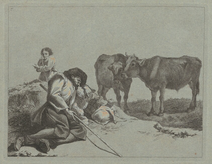 Sleeping Shepherd, Two Calves, and a Peasant Woman