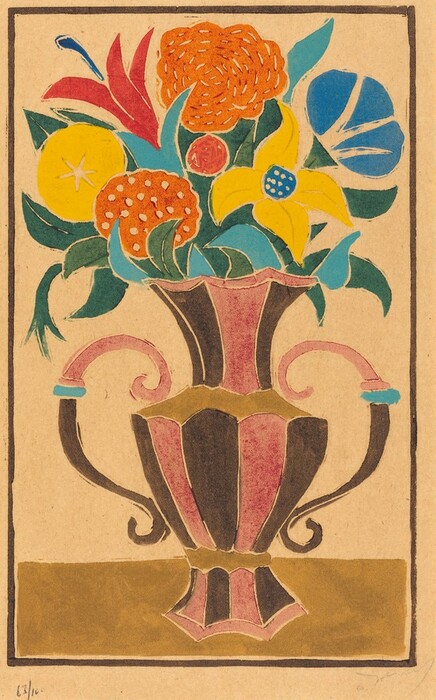 A large vase is filled with colorful, stylized flowers including orange, yellow, and blue floral designs. The color palette is vivid with reds, yellows, blues, greens, and oranges against a beige background. The vase is centrally located with flowers extending in all directions, and two large curved handles on either side. The flowers appear to grow upwards and outwards, filling the top half of the image.