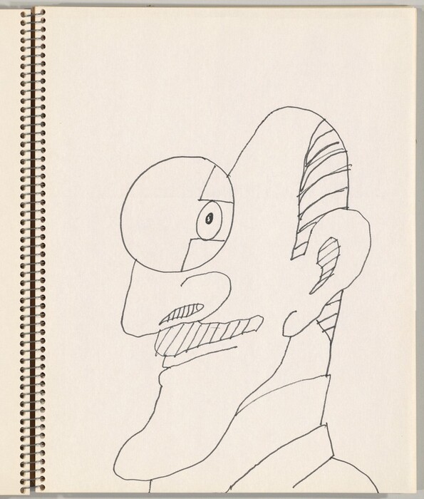 The image depicts a line drawing of a person's head and upper shoulders in profile. The head has exaggerated features, including a curved nose and a large, single circle eye with minimal detailing. The facial expression suggests a smile, with arched lines for the mouth. The hair is represented with simple, curved lines. There are no details of the person's clothing. The background is a plain, blank page of a spiral-bound notebook visible on the left side.
