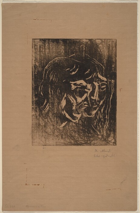The image is a monochromatic print showing just the head and partial shoulders of a person facing forward. The facial features are abstract and stylized with prominent lines defining the eyes, nose, and mouth against a dark, textured background. The hair is dark, flowing, and somewhat unkempt with visible strokes suggesting movement. The person's attire is not fully visible, blending into the surrounding texture. No jewelry or objects are visible. The background is a simple, plain texture that complements the print, with no additional elements. The print is on brownish paper with some handwritten text below the image.