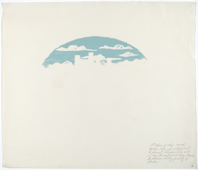 The image features a minimalist view. The scene is placed in the upper center of the canvas, with a skyline silhouette on the horizon. The skyline is made up of subtle, indistinct shapes that suggest buildings, with smoothed edges for a soft feel. Above the skyline are wispy, cloud-like forms scattered across a circular expanse of sky. The color palette is soft blue and white, creating a serene and airy effect. The blue is applied with a transparent brushstroke style, enhancing the dreamlike quality. The space below and away from the skyline is untouched, emphasizing simplicity and focus on the distant horizon.