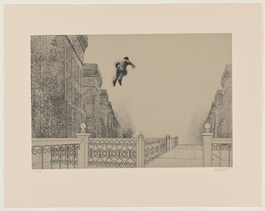This is a drawing of a cityscape with a figure floating in the air. The image shows buildings lining a pathway with wrought iron fences. The scene has a monochromatic tone. The floating figure is wearing a bowler hat and a coat. The architectural design features intricate details with geometric patterns on the fences.
