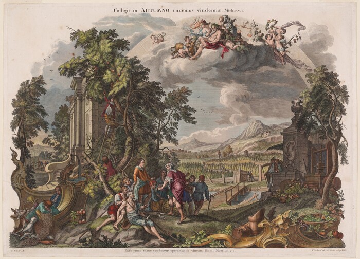 The image is viewed from a slightly elevated perspective. The horizon is high in the image, showing a landscape on the right with mountains and a vineyard. On the left, there are pillars and trees with detailed foliage. The style features controlled brushstrokes emphasizing textures and forms. The color palette includes natural greens and browns in the landscape, while figures wear reds, blues, and oranges. In the sky, mythological figures are painted with clouds below them. The image combines classical architecture, nature, and human activity in a detailed and colorful composition.