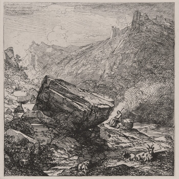 The image shows a mountainous landscape with a large rock formation dominating the lower left. The horizon is obscured by the rising terrain and cliffs, merging into the sky. In the distance, rugged mountains with dramatic lines and intricate hatching are visible. The etching technique includes fine cross-hatching and line work to depict the rough surfaces and contours of the landscape. The color palette is monochromatic, with black ink creating contrast against the paper and emphasizing details. In the bottom right, a figure sits next to a smoking fire, with smoke curling upwards. A goat rests nearby, adding to the naturalistic elements. Minimal cloud patterns are visible in the sky.