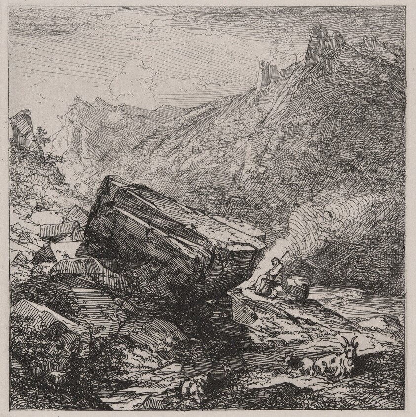 Boulder with a Shepherd and Goats