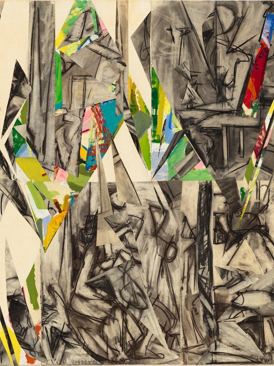 Slivers drawn in black chalk, painted with vibrant green, yellow, and red, or left white are interwoven in this square, abstract composition. The painted areas are too small to make out any objects, and the drawn areas are rounded or angular shapes. The overall impression is that shards from a painting, drawing, or blank canvas have been reassembled like bits of broken mirror. The artist signed and dated the lower center, “Lee Krasner ’76.”