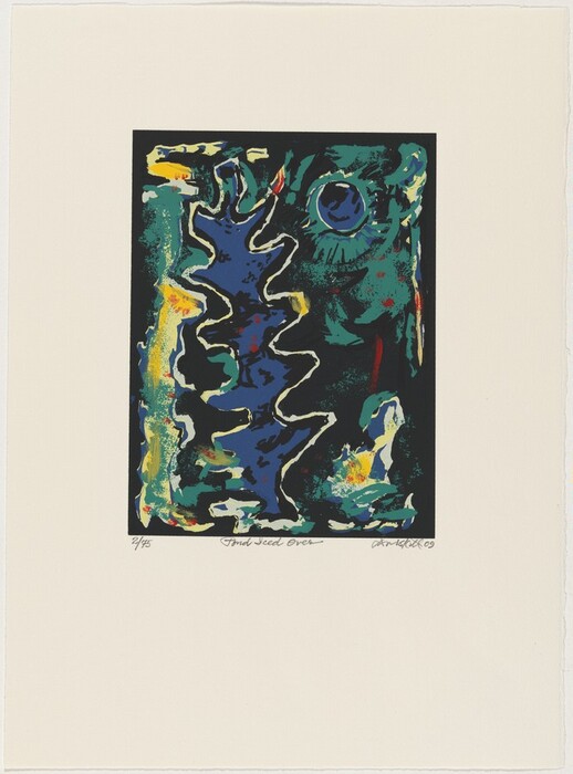 The image shows an arrangement of curving, jagged shapes that vertically zigzag through the center of the composition, predominantly filled with a deep blue color. Surrounding this central figure are splashes of yellow and green paint. Additionally, there is a circular form at the upper right encased with radial lines.