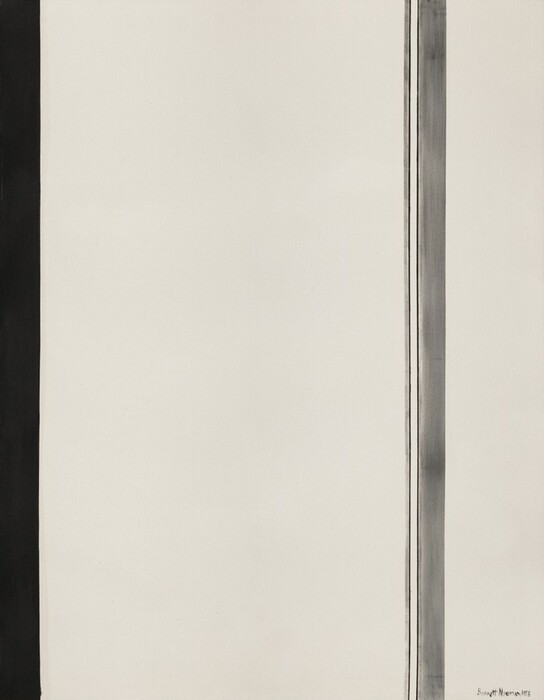 One black and a pair of smoke-gray bands span the height of this otherwise cream-white, vertical, abstract painting. The solid black band is along the left side of the canvas. A faint, slightly darker parchment-brown line fades in and out along its right edge. The pair of gray bands are about three-quarters of the way across the painting from the left. Both are streaky but with crisp edges. The thinner thin gray line is separated from a thicker band with a sliver of white, which is itself lined on each side with black. The artist signed and dated the lower right corner with black paint, “Barnett Newman 1958.”