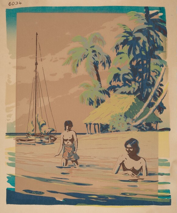 The image shows a tropical setting with a beach, sea, sky, two individuals in the water, a wooden hut with palm trees, and a sailboat on the shore. The composition is viewed from a slightly elevated angle. The colors are mainly earthy tones with accents of green and blue.