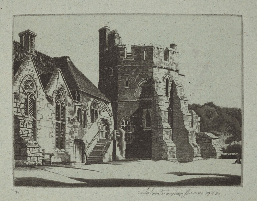The image shows a side perspective of a historical stone building complex. The architecture is intricate, with light and shadow playing on the surfaces. The horizon is low, and trees and foliage are on the right. A tower is visible on the horizon. The artist uses detailed linework to show texture in the stone walls. There are cross-hatching and stippling techniques for depth. The color palette is monochrome with black, white, and grey. The illuminated surfaces of the building contrast with the darker shadows. The scene includes a paved ground area and detailed architecture with pointed arches and staircases.