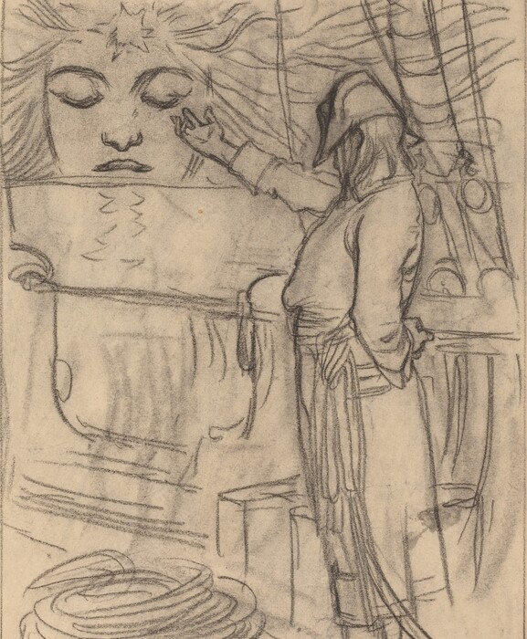 This is a drawing featuring a robed figure standing before a giant face with closed eyes. The figure extends a hand towards a star on the forehead of the face. Flowing lines around the face suggest hair or a spiritual aura. The background is filled with curved lines and circular shapes, creating depth and movement. The medium appears to be pencil or charcoal, giving a soft texture to the image.