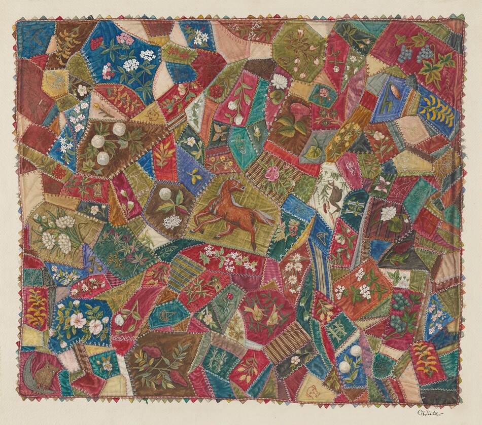 The image shows a variety of irregular, multi-colored shapes assembled into an abstract mosaic. The composition resembles a patchwork quilt, with each section having unique patterns like floral motifs, small animals, and a horse figure in the center. The fragmented areas are filled with vibrant hues like red, pink, green, blue, and gold, resembling a kaleidoscope. The pieces connect visually, creating a complex design.