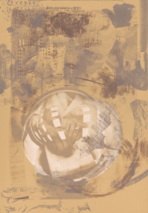 The image contains swirling, layered shapes and lines creating an abstract composition with a blend of light and shadow. In the forefront, there is a circular form that captures glimpses of rectangles alongside intertwined hand-like shapes. The background features strokes and textures suggesting cityscapes or worn surfaces, forming an abstract representation.