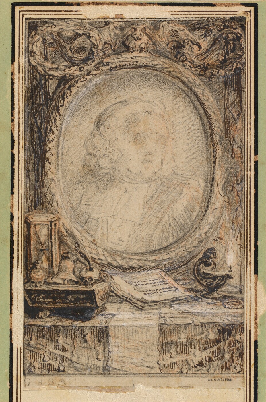 The image displays a large circular portrait of a person in the center, framed by an ornate oval border with decorative elements, including a small animal figure above it. The color palette comprises earthy tones such as light brown, cream, and dark blue-grey shades. In the foreground, there is an hourglass to the left, a small book open in the middle beneath the portrait, and a small lamp on the right, all placed on a flat surface with draped fabric.