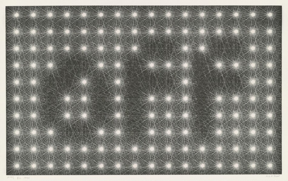 The image shows an array of bright white star-like shapes arranged in a grid pattern. Intricate intersecting lines connect the stars, creating a network. The composition resembles a night sky filled with small, luminous stars or the illuminated windows of a cityscape. Each star is the focal point of numerous lines that radiate outwards, creating depth and complexity, similar to a celestial map or a diagram of constellations.