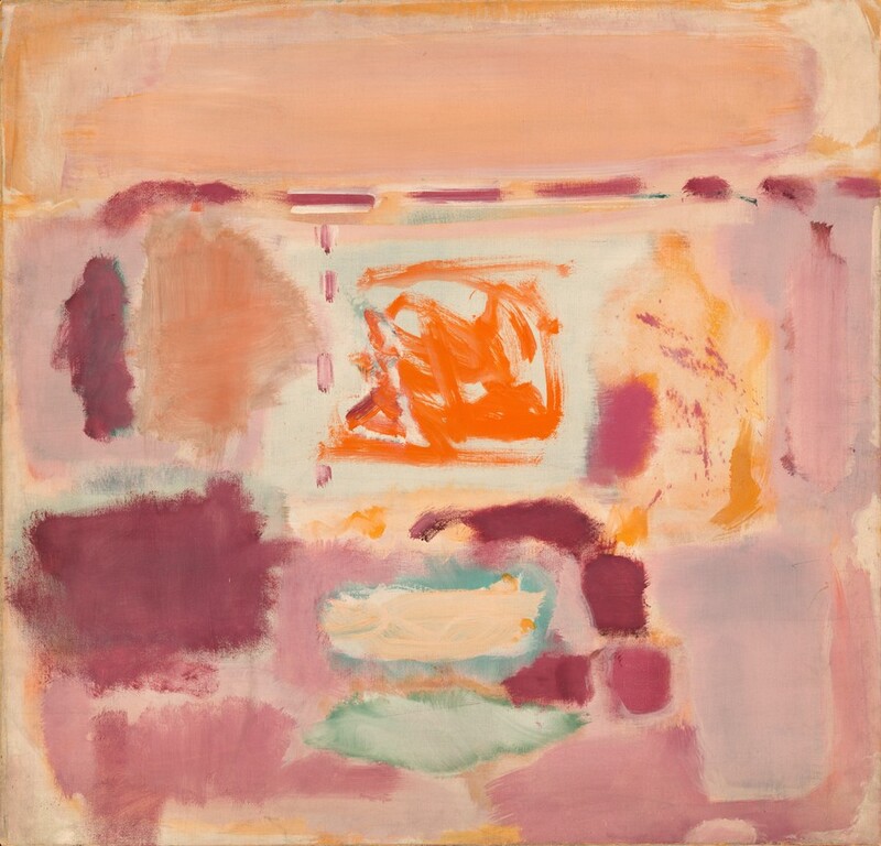 This abstract, square canvas is filled with rectangular and square fields of muted peach, vivid orange, orchid purple, mauve pink, and mint green. The fields are loosely formed, and the edges appear blurred. A long, peach rectangle across the top edge is bordered narrowly by marigold orange. Below this and near the center of the painting, a square-shaped area is filled in with traffic cone-orange, scrawled lines against frosty green. Still farther down are a narrower dash of peach bordered by muted turquoise and then a very pale green, sideways marquise shape bordered by grass green. Fields in mostly shades of pink and purple fill in the rest of the composition, which is painted with mostly blended strokes.