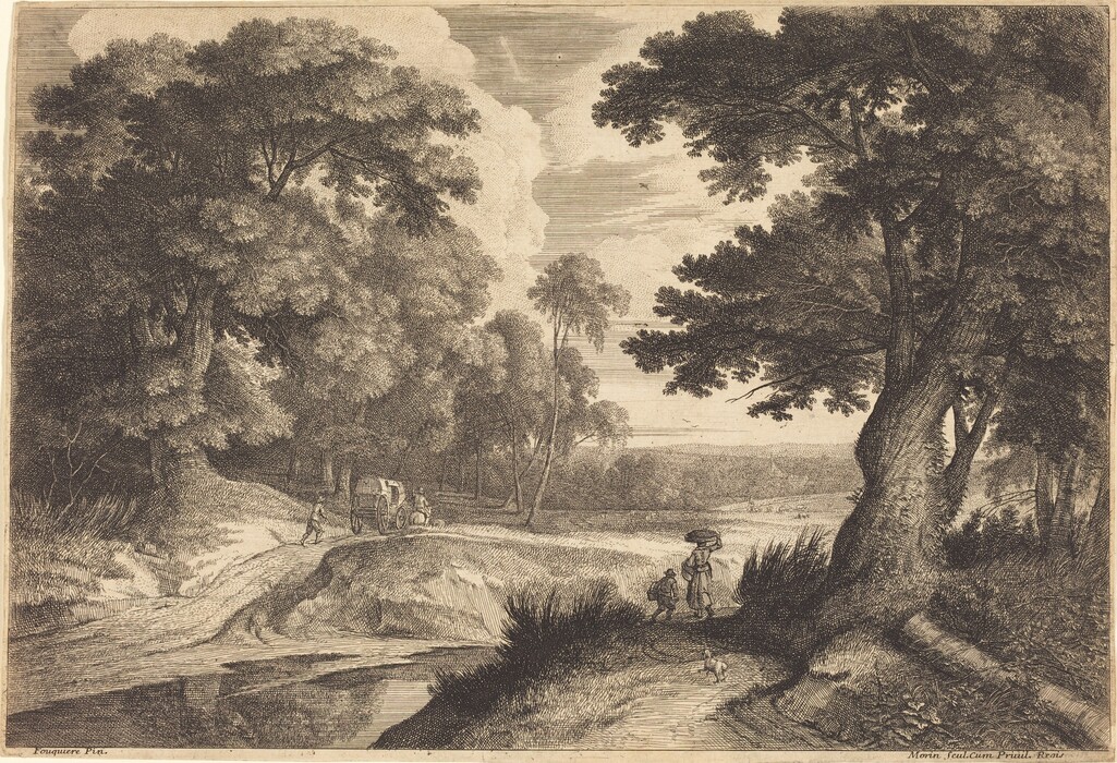 The image shows an etching of a rural landscape with trees obscuring the horizon. In the distance, there is a cart on a winding path with a person walking beside it. Closer to the viewer, there is a person with a child under a tree, accompanied by a small dog. The artwork features fine and detailed brushwork with cross-hatching for texture and shadows. The color scheme is monochromatic in muted browns, emphasizing details and creating a peaceful scene under soft light filtered through the trees. The trees form a canopy framing the serene setting.