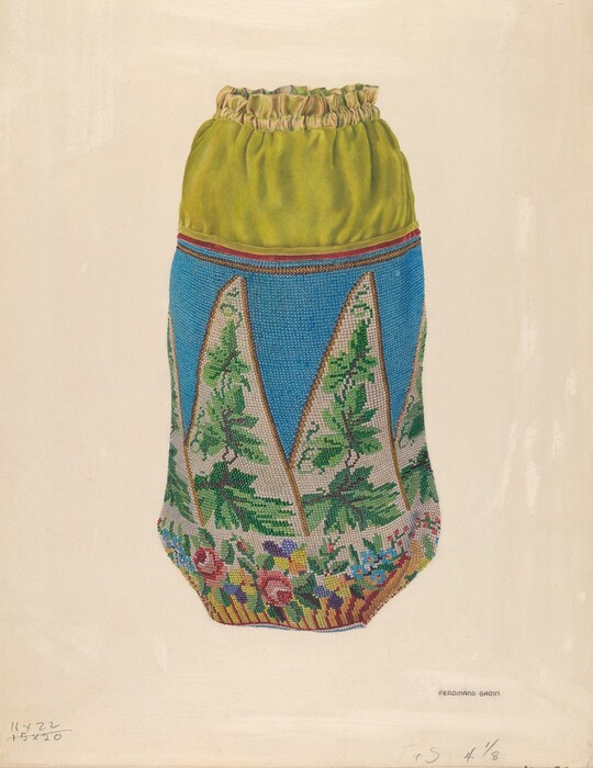 The image displays a decorated bag with a bright yellow top and a drawstring closure. The middle section features a patterned design with turquoise triangles, green leaves, and floral motifs. The lower part of the bag displays various colors like red, pink, and green, depicting an array of flowers. The overall color palette includes shades of bright yellow, blue, green, and various hues from the floral design. The bag is positioned in the center of the image against a neutral background.