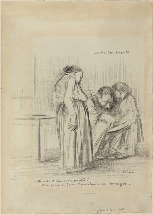 The image shows three full-body figures in a monochromatic style. On the left, a standing woman looks downward towards a seated man in the center, who is hunched over. Beside him is a child, looking at the man's hands which hold an object resembling a plate. The figures are dressed in long, simple garments. The background suggests a sparse room with a possible table. French text is included above and below the figures.