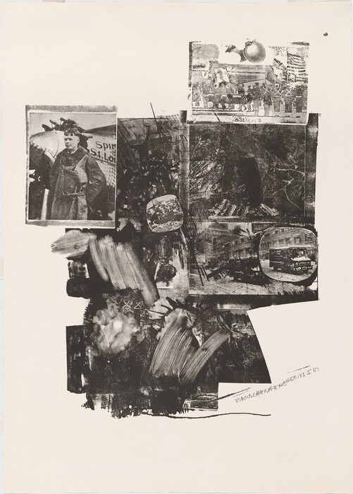The image shows an arrangement of rectangular and irregular shapes with overlapping lines and varying textures, creating an abstract composition. Recognizable elements include a photograph of a man in aviator attire beside an aircraft, military-related visuals, and scenes of urban life with vehicles and buildings. These objects are integrated within the abstract layout, appearing as fragmented echoes of the original scenes, contributing to a collage-like effect.