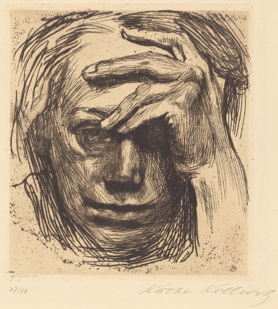 This print shows a sketch of a person's face, with a detailed depiction of their features. The individual is facing forward with their forehead resting on one hand. The sketch emphasizes deep-set eyes, a broad nose, tightly closed lips, and rough, loosely drawn hair. There are no visible clothes or accessories. The background is plain, off-white paper with some stray dark lines.