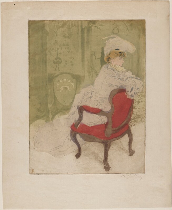 The image shows a woman sitting in a chair. Her back is facing the viewer, turned partially sideways. She is in a wooden-framed chair with red upholstery. She is wearing an elegant gown with puffed sleeves and a ruffled collar. The woman has light brown hair styled in a loose updo and is wearing a light-colored hat. Her face is shown in profile, revealing delicate features. The background is an abstract, muted green with decorative shapes.