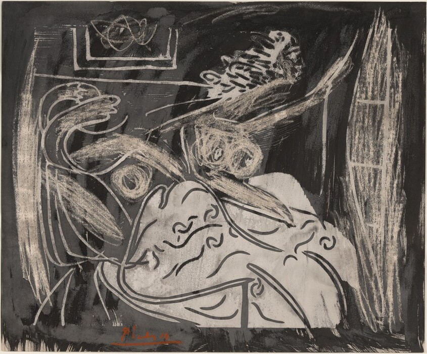 The image displays curved and angular lines forming an abstract composition. The shapes and swirls create a scene that might resemble intertwined bodies or dancers in motion. There are elements that could be connected to a bed or drapery. In the top portion, an oval shape with intersecting lines suggests a light fixture or a window, while the vertical lines on the right evoke the image of a curtain or bars. The abstract nature of the work invites comparisons to familiar yet ambiguous forms found in everyday life.