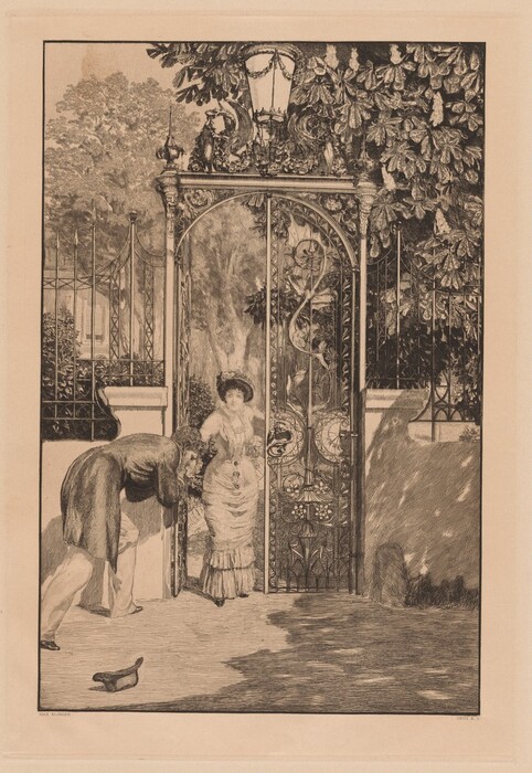 Two figures are depicted near an ornate gate. One figure is bent over, peering through the gate, and the other figure stands next to them. The man has short hair and facial hair, and the woman has her hair styled upwards. She is dressed in a long, fitted dress with buttons and ruffles. The man and woman are surrounded by foliage, and there is a single shoe on the ground. The gate is intricately decorated, and there is a partially visible building in the background.