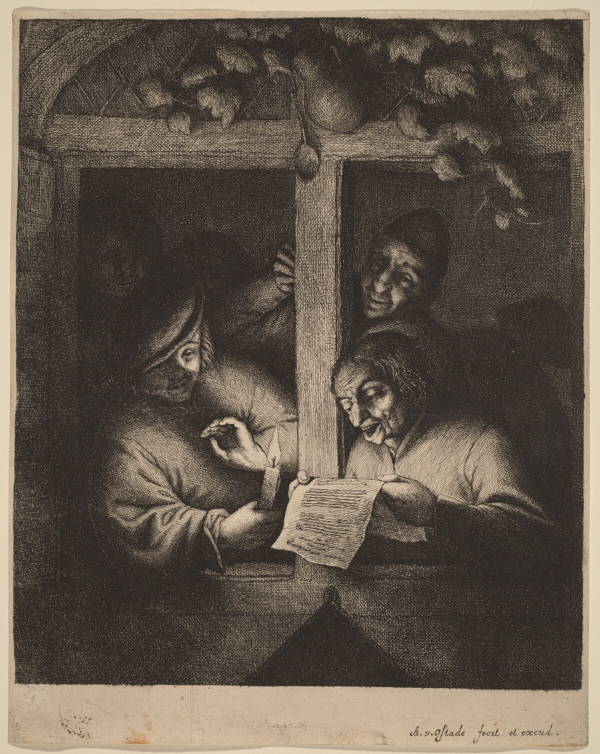 Four Men at a Window, One Reading from a Sheet by Candlelight