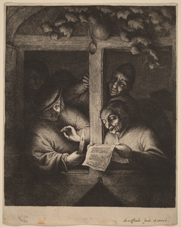Four Men at a Window, One Reading from a Sheet by Candlelight