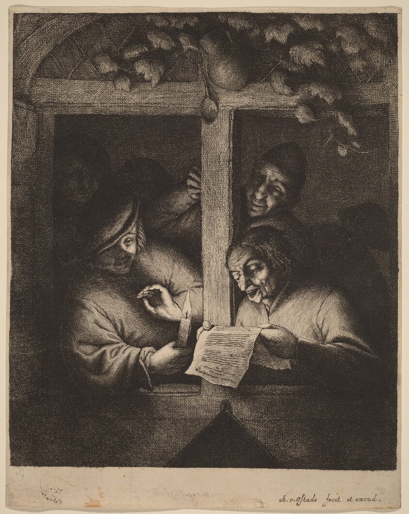 Four Men at a Window, One Reading from a Sheet by Candlelight