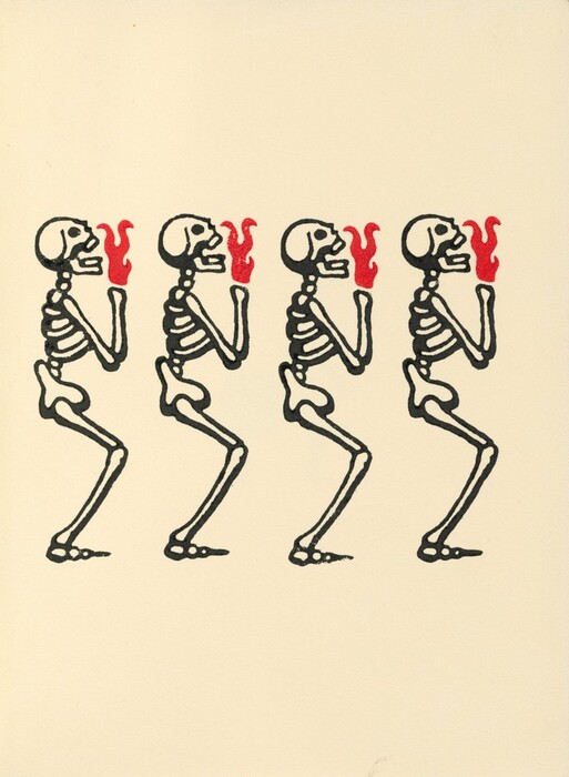 The image shows four skeletal figures in a row, portrayed in a consistent stance with bent knees and raised arms. The skeletons are outlined in bold black lines against a light background. Each figure appears to hold a red flame-like shape in front of its mouth. The composition gives an abstract impression. The image suggests dance or ritual poses with a rhythmic sequence.