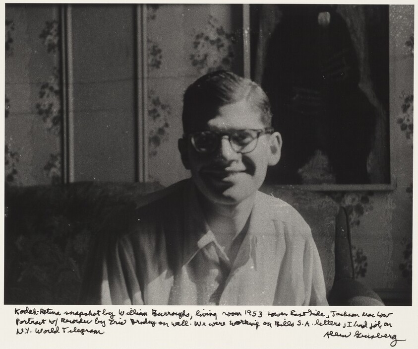 Kodak-Retina snapshot by William Burroughs, living room 1953 Lower East Side, Jackson Mac Low portrait with recorder by Iris Brodey on wall. We were working on Bills S.A. letters. I had job on N.Y. World Telegram.