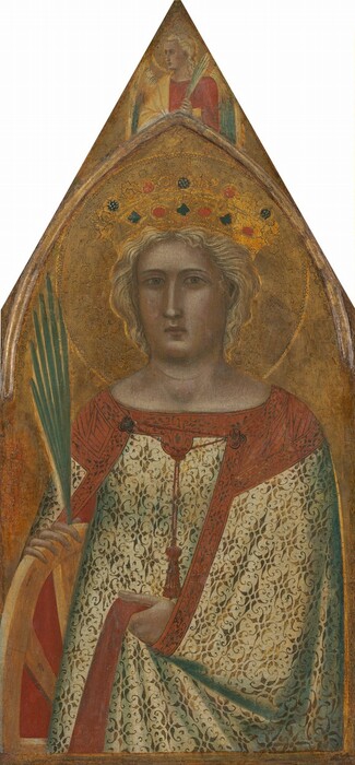 Shown from the hips up, a woman wearing a crown braces a wooden wheel against a gold background on a panel shaped to come to a sharp point at the top of this vertical painting. The woman’s pale skin is faintly tinged with green and gray. Her body faces us, and she looks at us with light brown, almond-shaped eyes. She has a long, straight nose, full cheeks, and her pink lips are closed. Her blond hair sweeps back from her face under the gold crown, which is set with blue and red gems. Her dress and cloak have gold leafy patterns against ivory white, and are edged with brick red. She wraps the cloak around her left elbow, to our right, and grips the fabric in that hand. The other elbow is slung over the wooden wheel, and she holds a palm frond in that hand. A gold halo is incised onto the background. Above the woman, narrow molding affixed to the panel creates a rounded but pointed arch set under the sharp point at the top of the panel. Between the arch and the triangular tip, an angel with yellow and blue wings and blond hair is shown from the chest up. The angel’s body faces us but the head is almost in profile to our left. A narrow palm frond is held by one shoulder, and a butter-yellow cloth drapes over a cardinal-red gown. The surface of the painting is cracked and chipped, especially in the gold areas.
