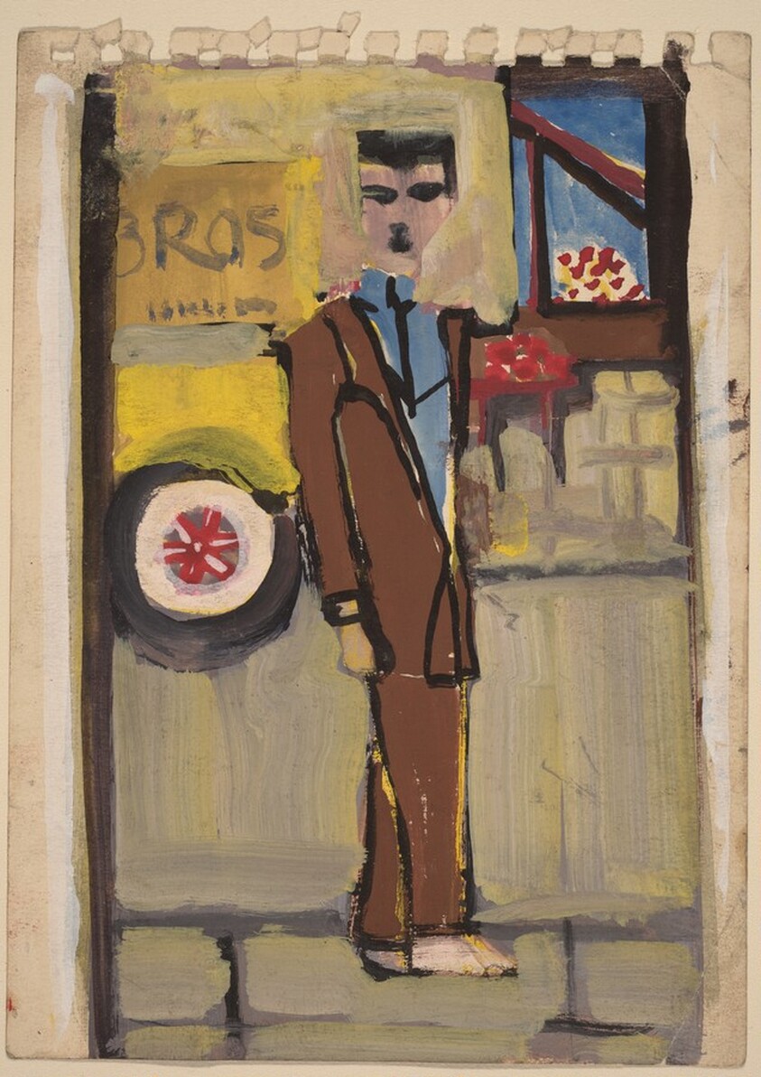 Man Wearing a Brown Suit and Standing in an Urban Setting