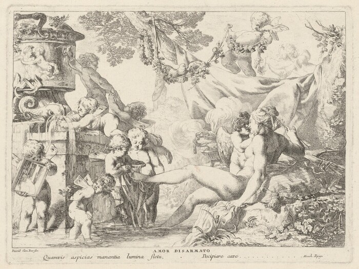 This is a drawing of cherubs and a reclining figure near a fountain. The image shows cherubs around a fountain engaged in different activities. A reclining figure is depicted next to a draped fabric. The background features lush foliage.
