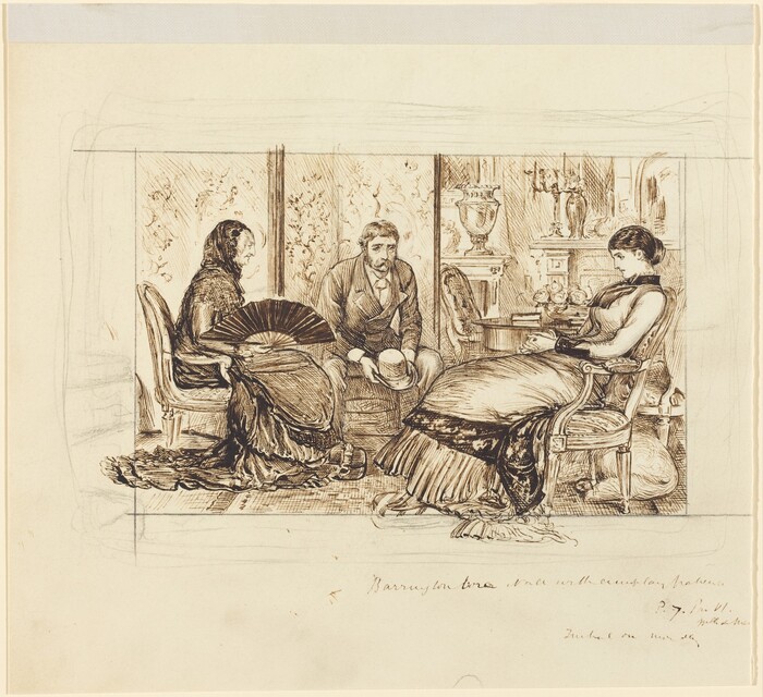 The image shows three individuals seated indoors. The man in the center is holding a hat, the woman on the left has a fan, and the woman on the right has a bouquet of flowers or decorative items on the table next to her. The setting includes ornate chairs and a detailed interior background.