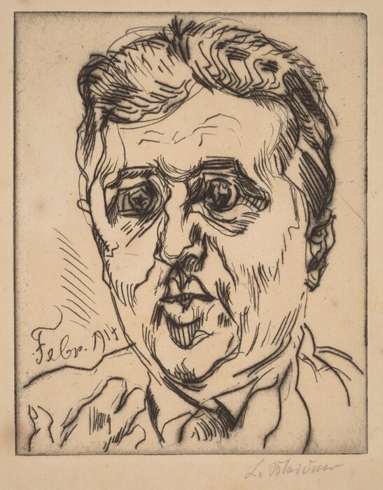 The image is an etching of a middle-aged person looking slightly to their left. The portrait shows the person from the shoulders up, with emphasis on the facial features such as the eyes, eyebrows, and hairstyle. The person is wearing a jacket with a visible collar. The background is plain, and the etching includes the inscription "Febr. 1917" on the left and a signature in the bottom right corner.