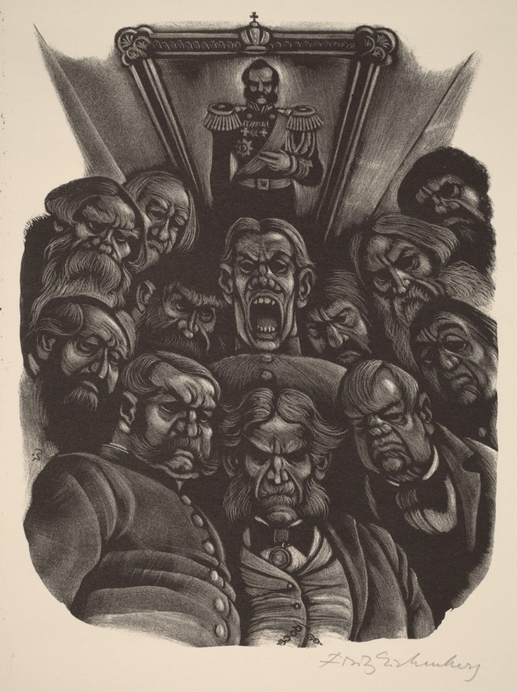 "Gentlemen of the Jury" (Book XII: A Judicial Error, facing p.582), Fritz Eichenberg, 1949