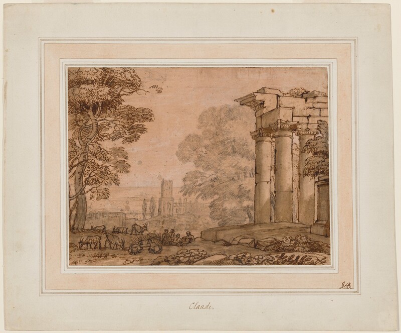 This horizontal landscape showing ruins in a countryside is drawn on dark parchment-brown paper. The view is framed to the left by a tall leafy tree that reaches off the top edge of the paper and to the right by ruins made up of two columns beneath an entablature. A group of four people sit together in the middle distance at the lower center of the composition while eight animals, possibly goats, graze and rest nearby. The animals, people, ruins, and tree to the left are drawn with brown ink. More trees and buildings in the distance at the center is drawn lightly with graphite, giving it a hazy look.