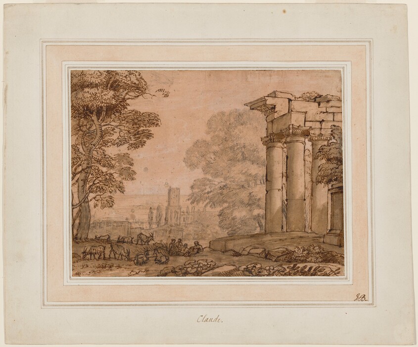 This horizontal landscape showing ruins in a countryside is drawn on dark parchment-brown paper. The view is framed to the left by a tall leafy tree that reaches off the top edge of the paper and to the right by ruins made up of two columns beneath an entablature. A group of four people sit together in the middle distance at the lower center of the composition while eight animals, possibly goats, graze and rest nearby. The animals, people, ruins, and tree to the left are drawn with brown ink. More trees and buildings in the distance at the center is drawn lightly with graphite, giving it a hazy look.