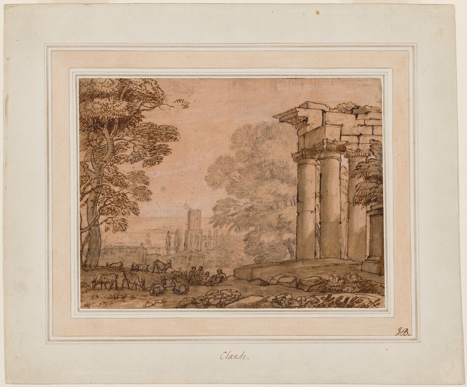 This horizontal landscape showing ruins in a countryside is drawn on dark parchment-brown paper. The view is framed to the left by a tall leafy tree that reaches off the top edge of the paper and to the right by ruins made up of two columns beneath an entablature. A group of four people sit together in the middle distance at the lower center of the composition while eight animals, possibly goats, graze and rest nearby. The animals, people, ruins, and tree to the left are drawn with brown ink. More trees and buildings in the distance at the center is drawn lightly with graphite, giving it a hazy look.