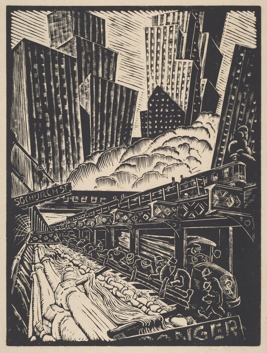 The image depicts an urban construction site with workers in action. A trench with pipes or rolled textiles is visible, along with a bridge structure adorned with diamond-shaped patterns. In the background, skyscrapers of various heights are present. Bold and graphic lines emphasize the industrial and architectural elements. The color palette is black and white, creating a stark contrast. Clouds soften the sharp lines of the buildings. The horizon is obscured by structures, suggesting a crowded cityscape.