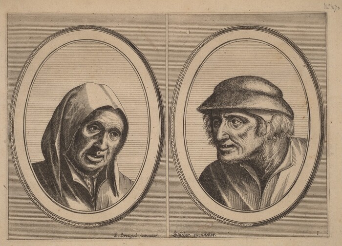 There are two separate oval portraits placed side by side within a rectangular frame. Each portrait shows the head and shoulders of an elderly person. In the left portrait, the person is slightly turned towards the right with deep-set eyes and wears a hood covering the head and neck. In the right portrait, the individual faces more to the left with distinct facial features, a focused expression, short curly hair under a brimmed hat, and both are dressed conservatively up to the neck. The background consists of horizontal lines, and there are no other intricate patterns or elements besides the frame and ovals.