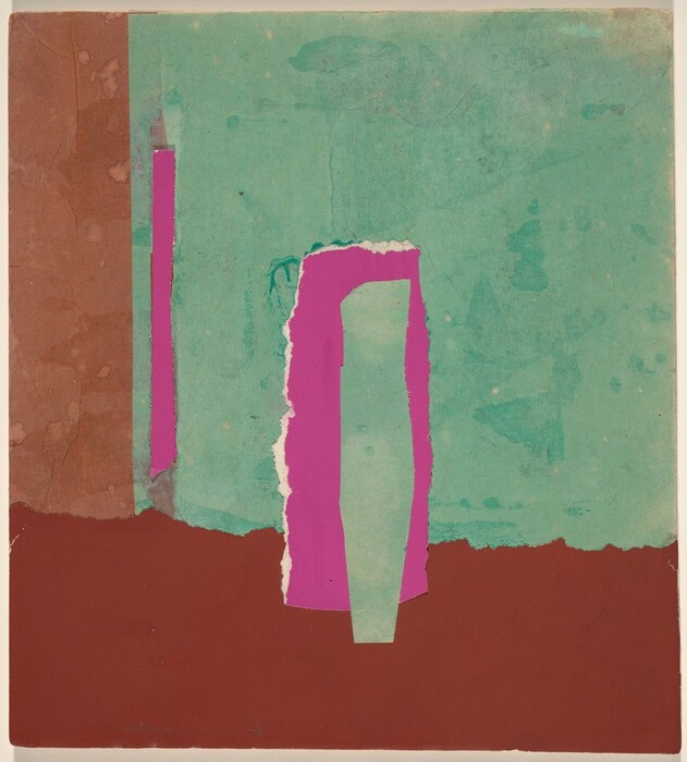 The image includes abstract shapes and lines, such as a vertical rectangle in magenta with a jagged edge, and a wider greenish-blue shape with torn paper-like edges. These shapes are set against a background divided into sections of reddish-brown and greenish-blue. The arrangement vaguely resembles a doorway, with the magenta element suggesting a standing figure. The colors and textures enhance the abstract nature, evoking a sense of layered surfaces or peeling paint.