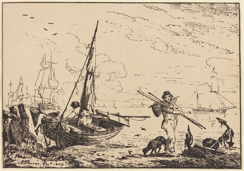 Marine: Fishing Boats on Shore, Man with Oars, Ship in Distance