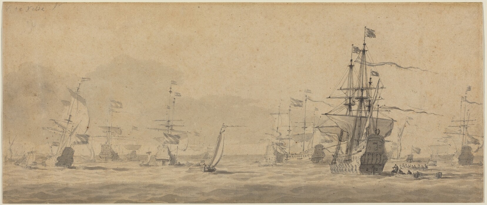The image depicts a naval scene with a fleet of ships at sea. The viewpoint appears to be from a mid to low vantage point. The ships are sailing on the horizon, with their masts and flags visible. There is a large ship on the right with detailed sails and rigging, and smaller boats in the water nearby. The color scheme is monochromatic, using shades of gray and sepia. The painting technique seems to involve washes and delicate strokes. The scene appears historical and timeless, with a moody atmosphere. In the distance, other ships are arranged in an organized manner. The sky merges with the sea, creating an atmospheric effect.
