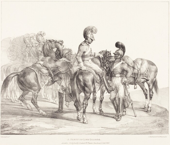 The image shows a group of cavalry horses and riders. Two central figures are depicted dressed in uniform with helmets and plumed headdresses; one is mounted on a horse, while the other stands beside another horse, holding a sword at his side. Several horses and riders are seen behind them, fading into the background, creating a sense of depth and movement. The composition is detailed, capturing the musculature of the horses and the folds in the uniforms, while lines suggest the ground underfoot, adding realism to the scene.