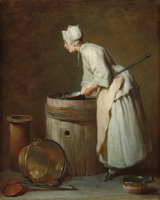 A pale-skinned young woman stands holding a long-handled pot over an open barrel in this vertical painting. The woman faces our left in profile and leans slightly over the thigh-high barrel. The barrel is tinged with moss green, and it has a hole in the side facing us. The woman’s smooth cheeks and lips are tinged with rose red. She has a slender nose, and she looks off to our left with brown eyes. Her jacket, long skirt, and cap are all white, and her apron is light peach. A gold object, like a pendant or bell, dangles from a teal-blue ribbon around her neck. The long handle of the pot is tucked under her bent left arm, and she grasps the handle where it attaches to the pan. Her right hand reaches into the pot, which dips down beneath the lip of the barrel. The woman and the barrel take up most of the height of the composition. Clustered on the floor to the left of the barrel are three vessels, including a tall cylindrical container painted in copper brown with crimson-red streaks, a large brass pot lying on its side so we see its shiny interior, and brick-red pan with a long iron handle that ends in a hook. To our right, a peach-colored clay pot with bands of forest and sage green sits on the floor just behind the woman, with its short handle angled to our right. Light coming from the upper left glints on the edges and interiors of the pots and illuminates the woman. The floor is washed with laurel green and spruce blue, with strokes of mustard yellow. The back wall is mottled in caramel brown and smoke gray.