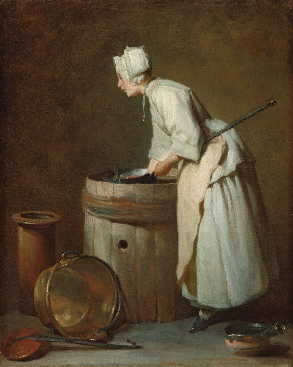 A pale-skinned young woman stands holding a long-handled pot over an open barrel in this vertical painting. The woman faces our left in profile and leans slightly over the thigh-high barrel. The barrel is tinged with moss green, and it has a hole in the side facing us. The woman’s smooth cheeks and lips are tinged with rose red. She has a slender nose, and she looks off to our left with brown eyes. Her jacket, long skirt, and cap are all white, and her apron is light peach. A gold object, like a pendant or bell, dangles from a teal-blue ribbon around her neck. The long handle of the pot is tucked under her bent left arm, and she grasps the handle where it attaches to the pan. Her right hand reaches into the pot, which dips down beneath the lip of the barrel. The woman and the barrel take up most of the height of the composition. Clustered on the floor to the left of the barrel are three vessels, including a tall cylindrical container painted in copper brown with crimson-red streaks, a large brass pot lying on its side so we see its shiny interior, and brick-red pan with a long iron handle that ends in a hook. To our right, a peach-colored clay pot with bands of forest and sage green sits on the floor just behind the woman, with its short handle angled to our right. Light coming from the upper left glints on the edges and interiors of the pots and illuminates the woman. The floor is washed with laurel green and spruce blue, with strokes of mustard yellow. The back wall is mottled in caramel brown and smoke gray.